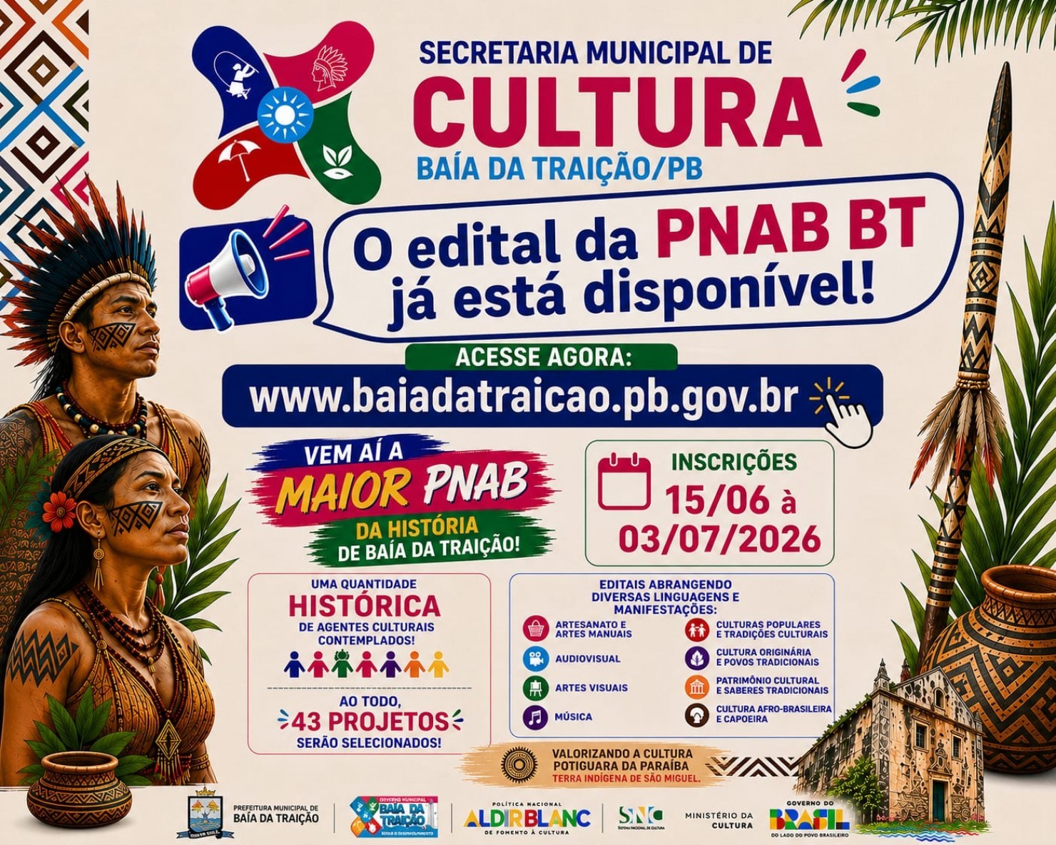 Cultura em Movimento: Prefeitura de Baía da Traição lança Edital PNAB 2026 com investimento de R$ 57,9 mil para agentes culturais.