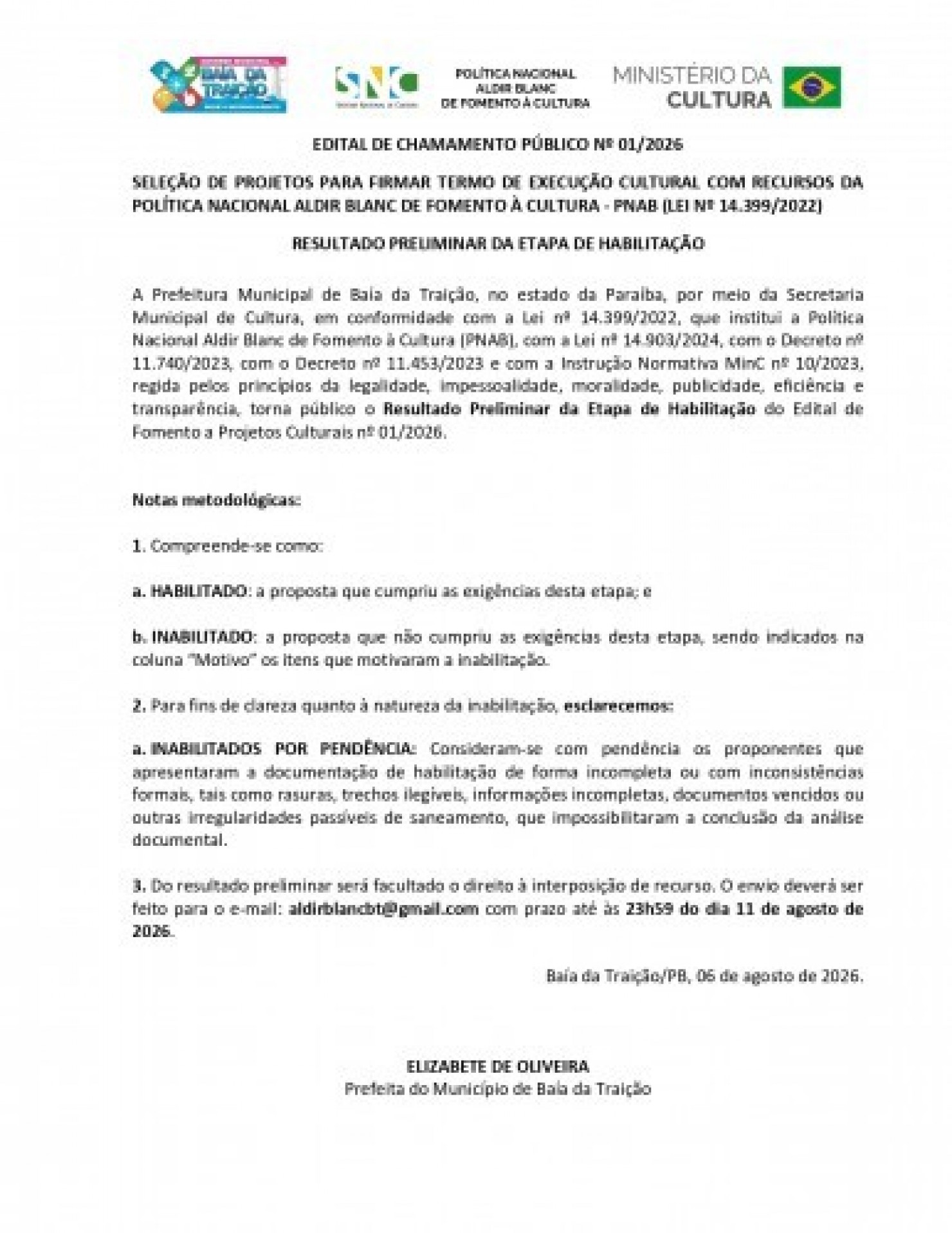 Resultado Preliminar de Habilitação - Edital 01-2026 Baía da Traição