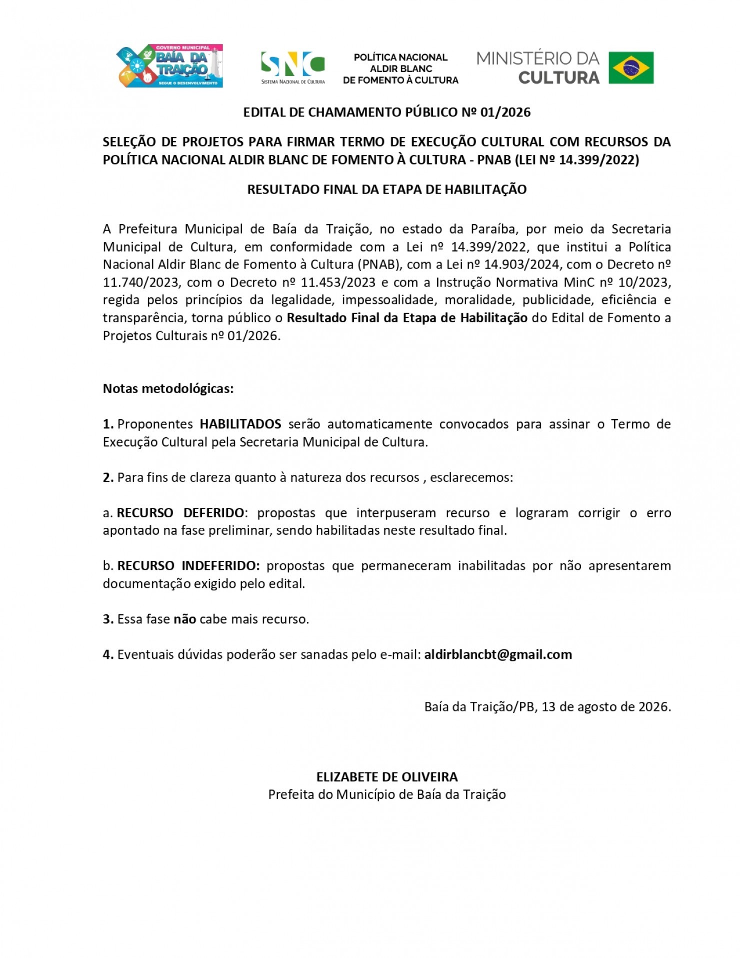Resultado Final de Habilitação - Edital 01-2026 Baía da Traição-PB